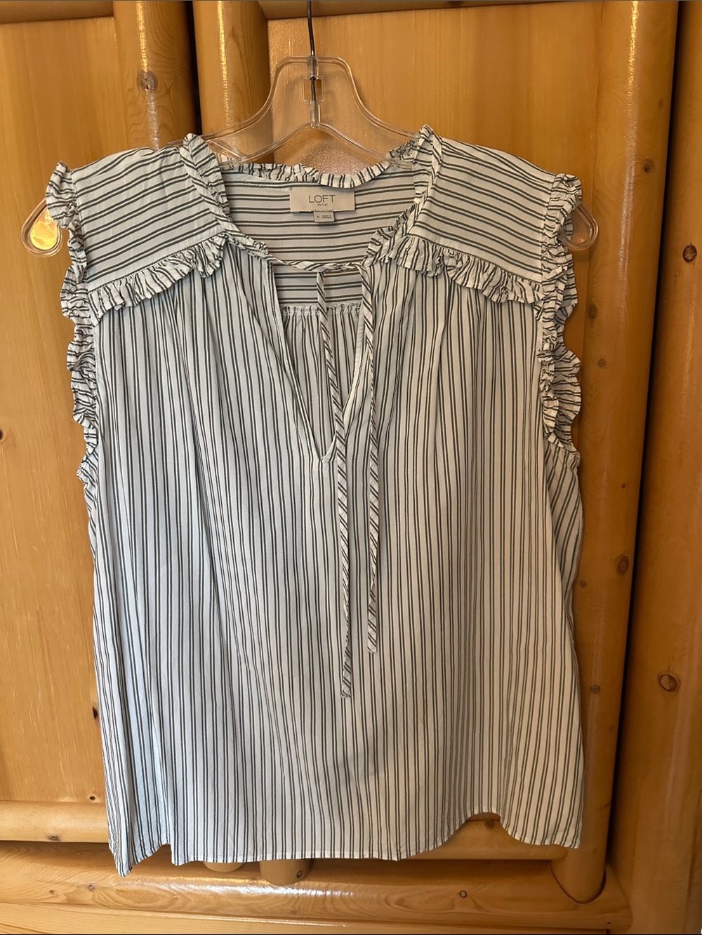 LOFT White and Green Striped Ruffle Tie-Front Sleeveless Top